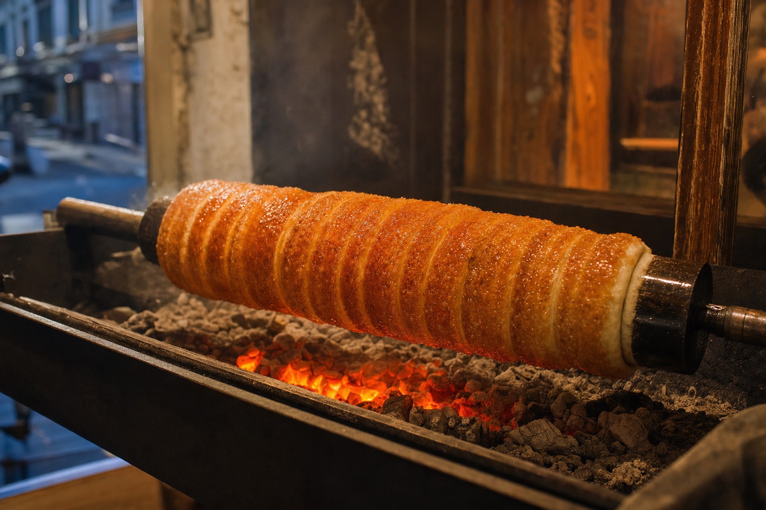 A golden kürtőskalács chimney cake rotating over glowing charcoal on a spit at a Budapest bakery window at dusk, caramelized sugar glistening on the spiral dough, faint steam rising, warm amber light against a dark street background, close-up with shallow depth of field, no people prominent, no text or logos