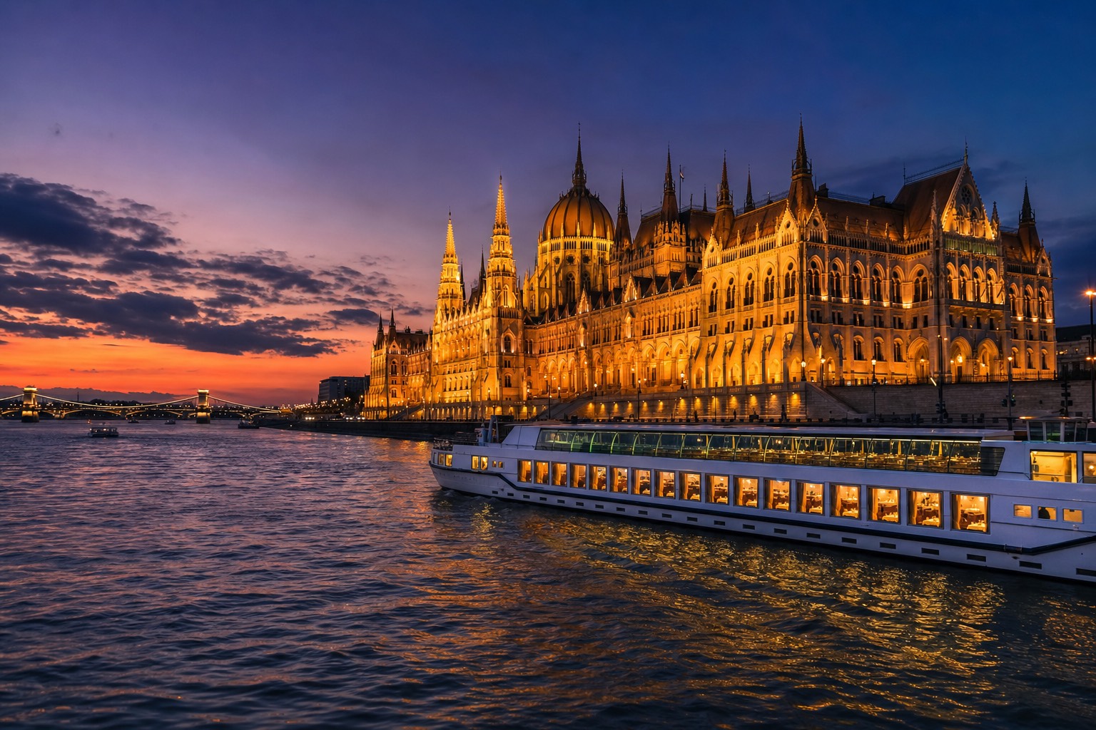 The Hungarian Parliament building glowing gold at dusk seen from the Danube water level, a white river cruise boat with warm candlelit windows gliding past, purple and orange sunset sky, the Chain Bridge silhouetted in the distance, calm reflections on the river, no people prominent, no text or logos