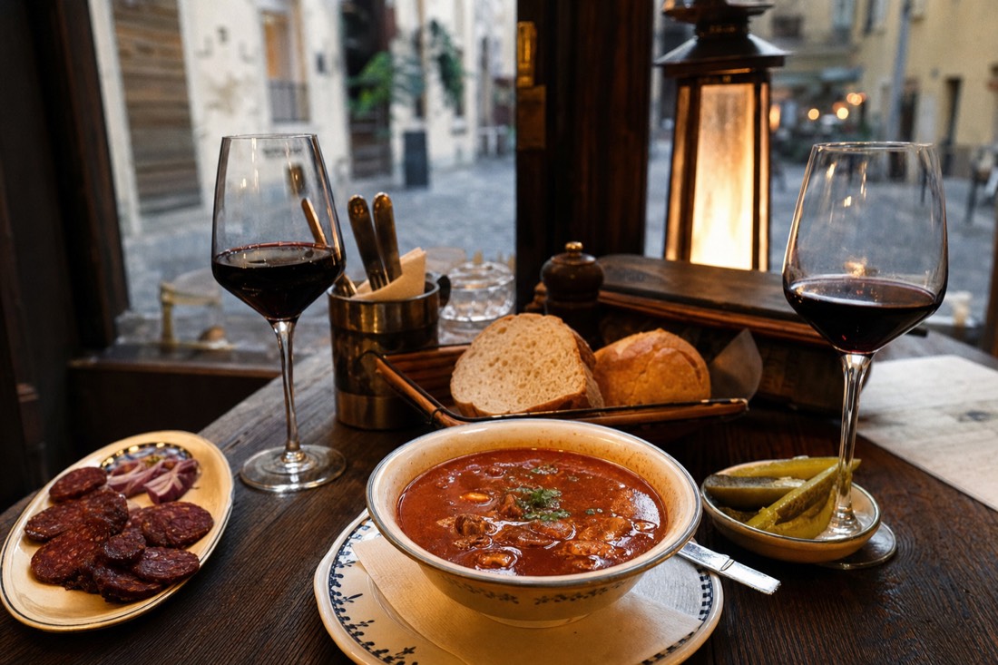 Hungarian tasting spread of goulash, cured sausage, pickles and red wine on a Budapest tavern table during a food walking tour
