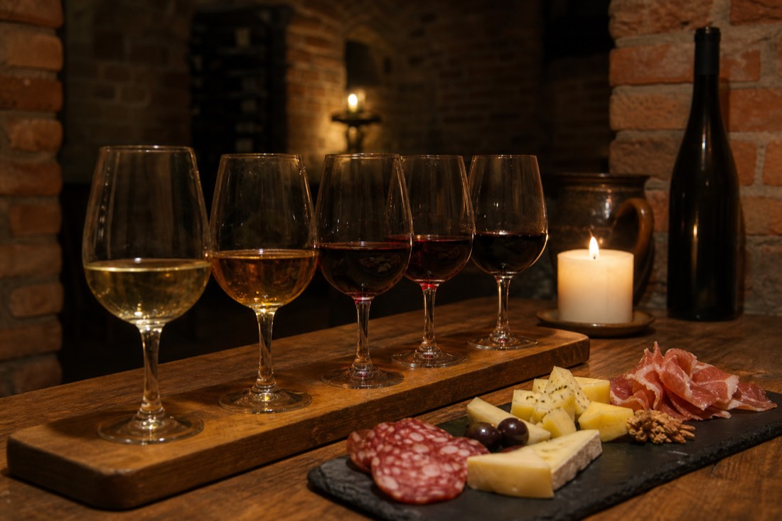 A flight of five Hungarian wines with a cheese and charcuterie board in a brick cellar at a Budapest wine tasting